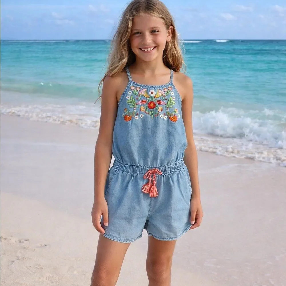 JOE'S Kids Chambray Tencel Denim Floral Embroidered Tank Romper Girls Size 10